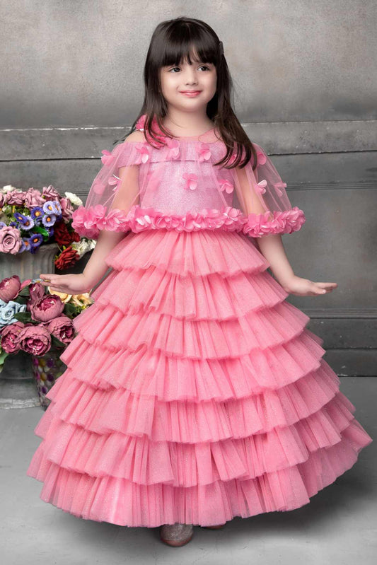 Pink Multi Layer Gown With Floral Embellished For Girls