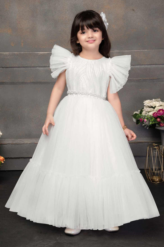 White Sequin Gown With Ruffle Sleeves For Girls
