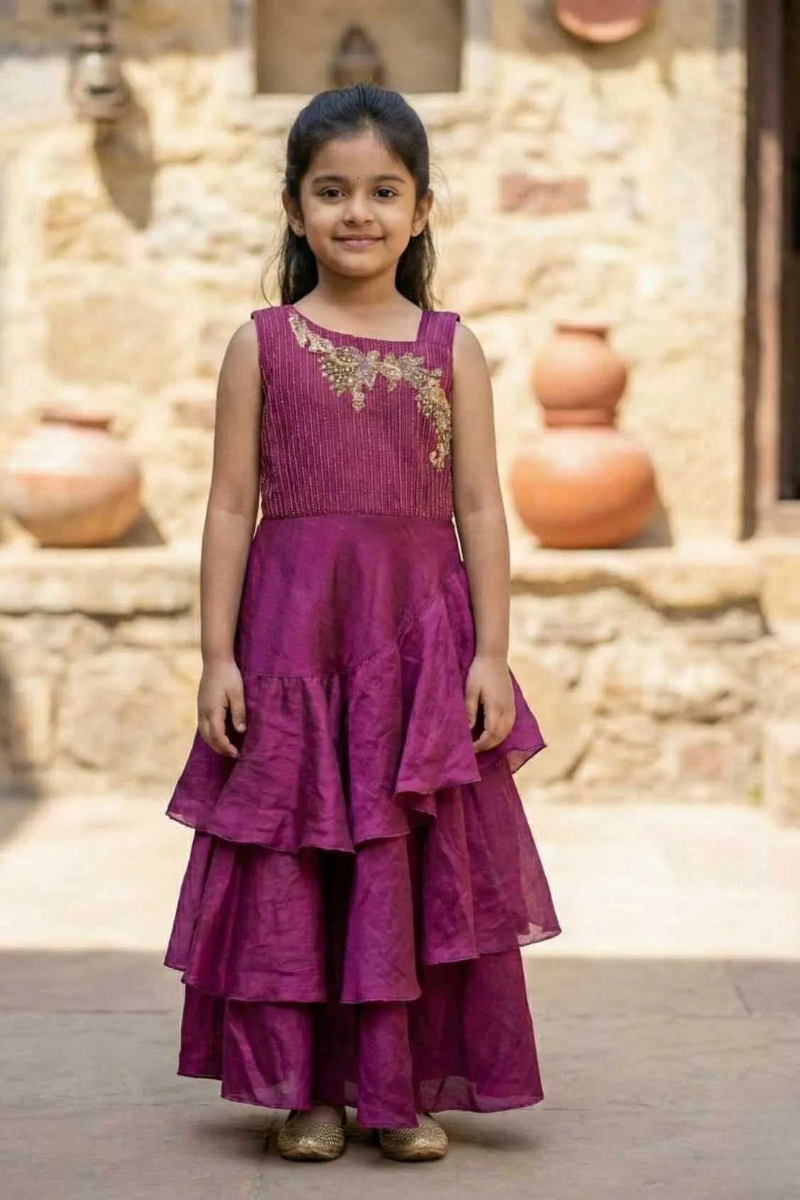 Wine Embroidered Tiered Ethnic Gown For Girls