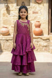 Wine Embroidered Tiered Ethnic Gown For Girls