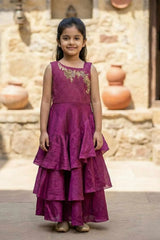 Wine Embroidered Tiered Ethnic Gown For Girls