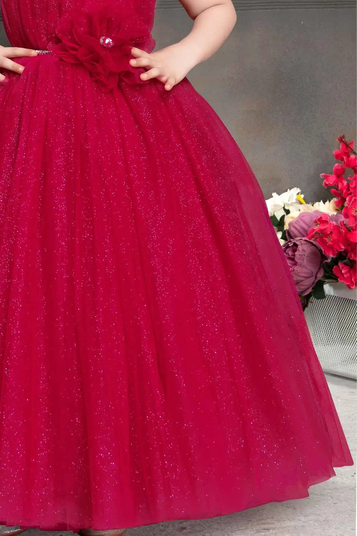 Shimmer Pink Net Gown With Floral Embellishment For Girls