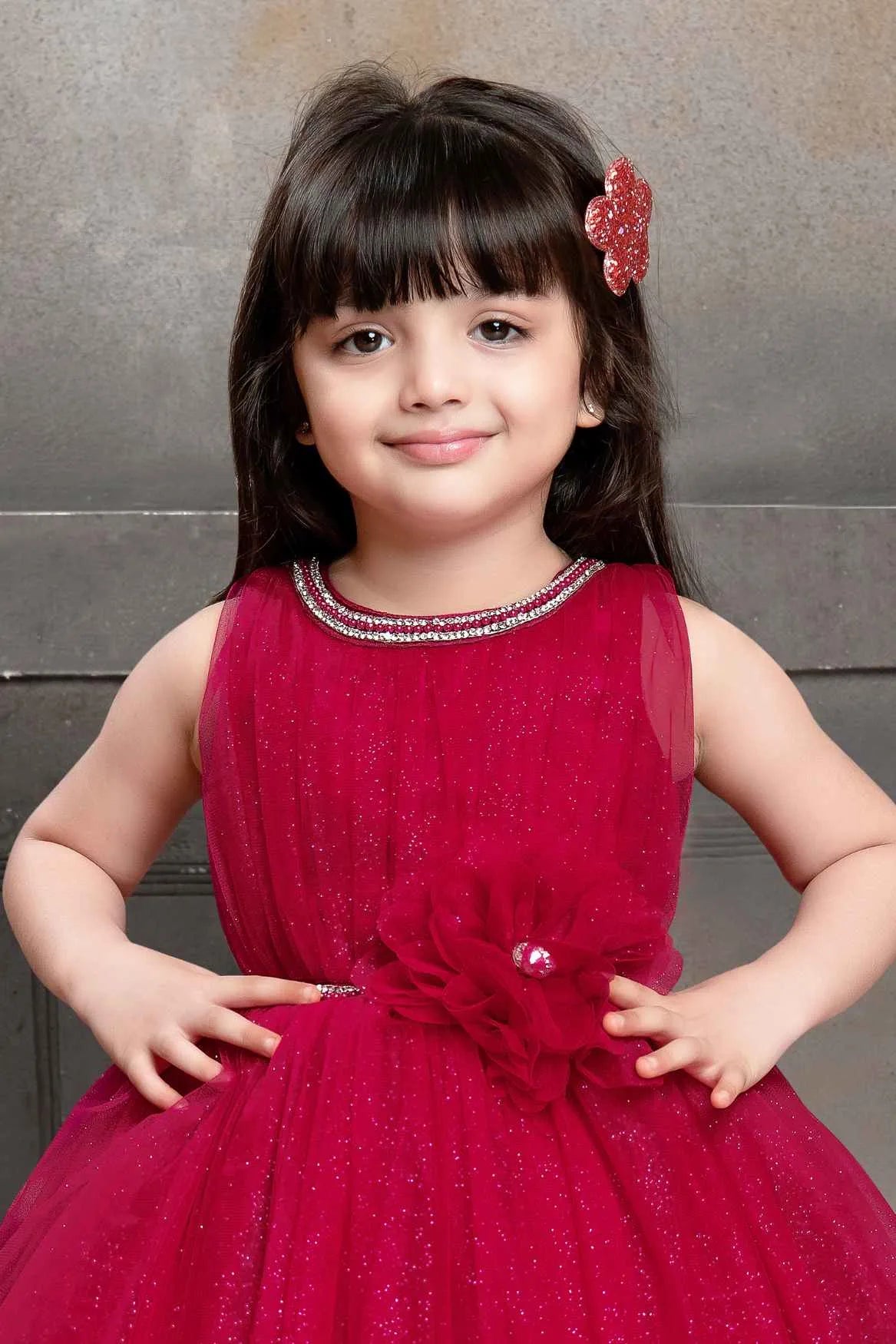 Shimmer Pink Net Gown With Floral Embellishment For Girls