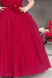 Shimmer Pink Net Gown With Floral Embellishment For Girls