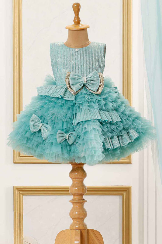 Green Multilayer Ruffle Frock Wtih Bow Embellishment For Girls