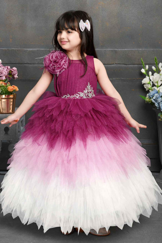 Magenta Princess Net Party Gown With Flower Embellishment For Girls