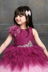 Magenta Princess Net Party Gown With Flower Embellishment For Girls