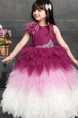 Magenta Princess Net Party Gown With Flower Embellishment For Girls