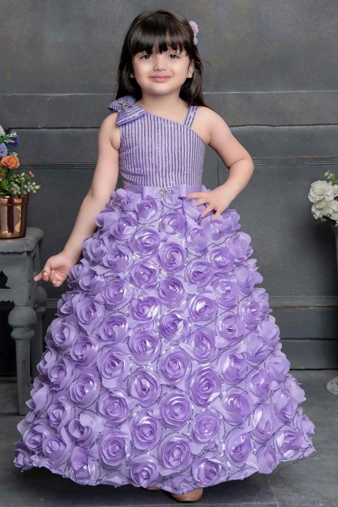 Lavender Sequin Designer Party Gown With Flower Embellishments For Girls
