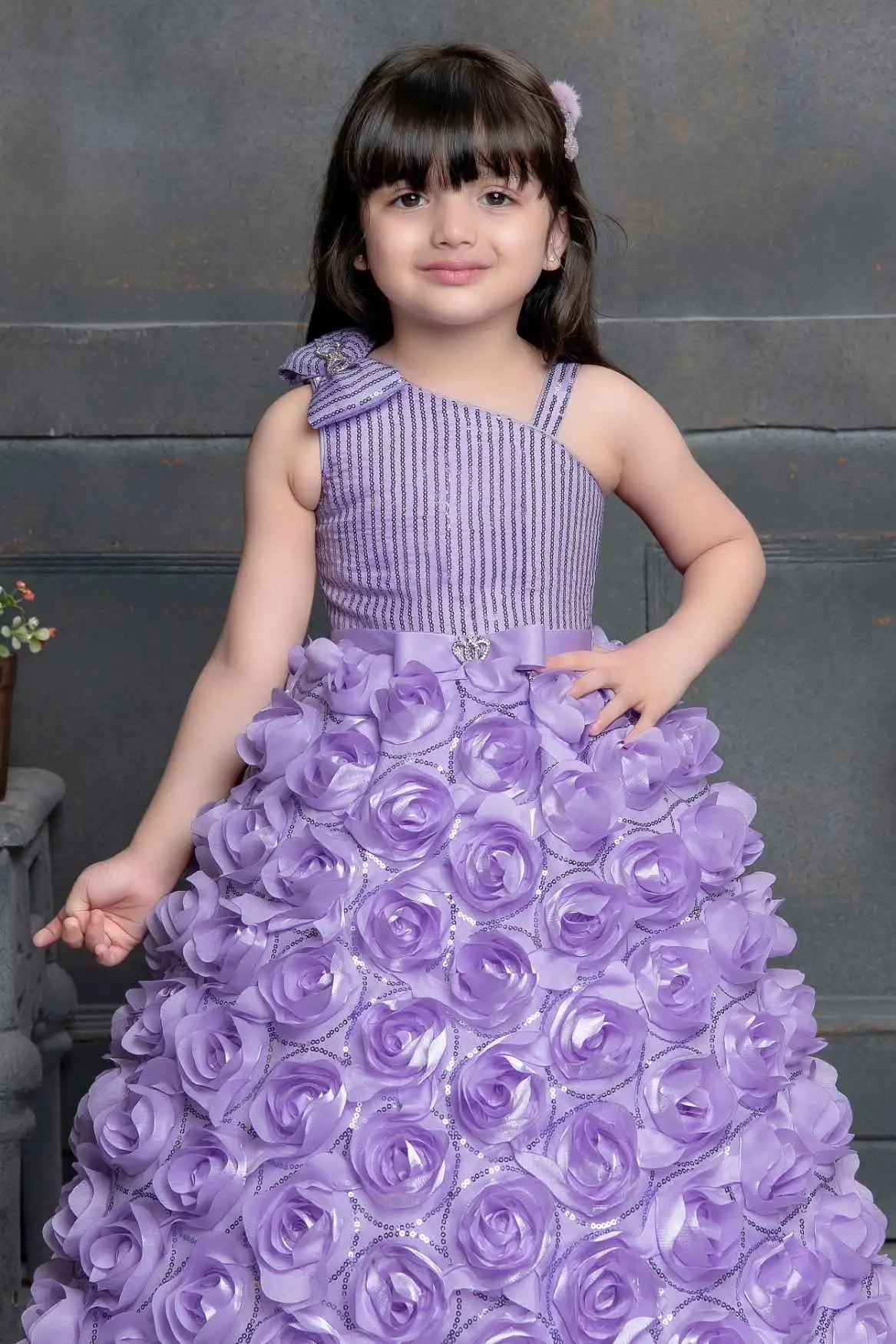 Lavender Sequin Designer Party Gown With Flower Embellishments For Girls