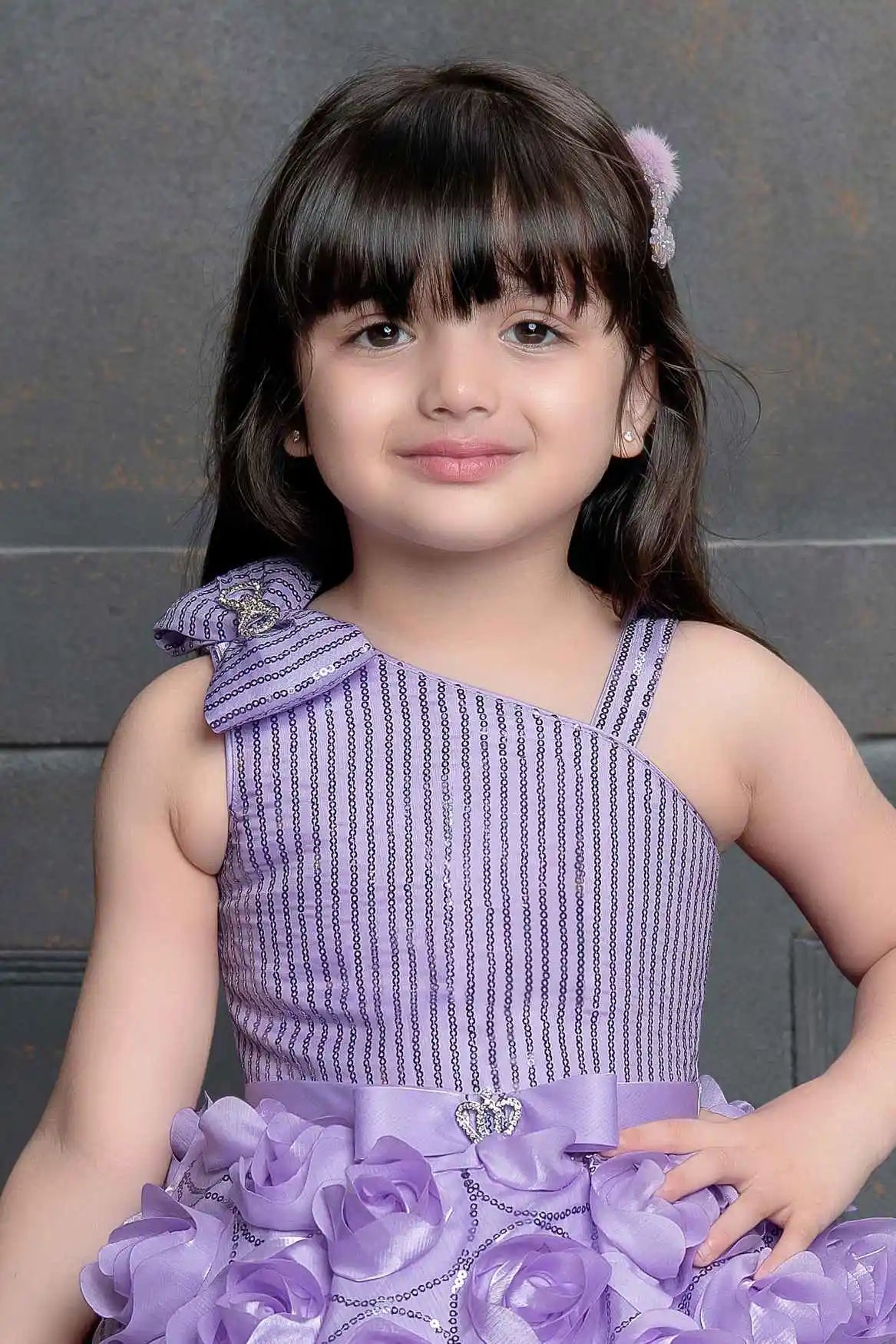 Lavender Sequin Designer Party Gown With Flower Embellishments For Girls