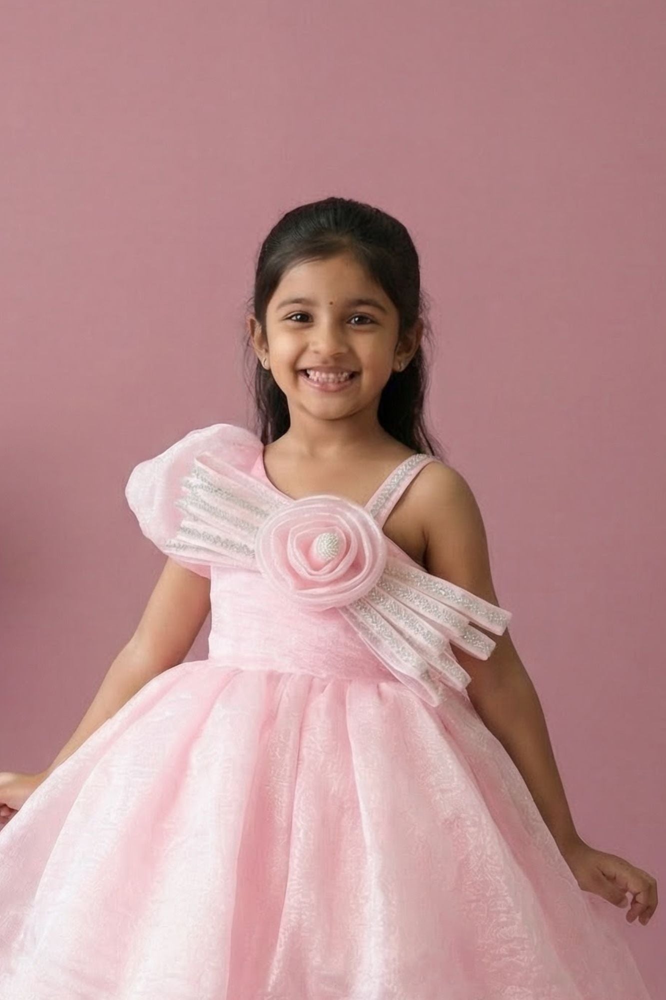Pink One-Shoulder Party Frock with 3D Floral Bow For Girls
