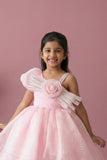Pink One-Shoulder Party Frock with 3D Floral Bow For Girls