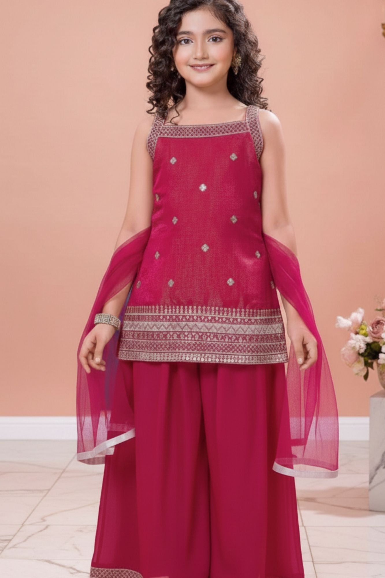 Rani Pink Embroidered Kurti And Palazzo Set for Girls