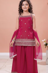 Rani Pink Embroidered Kurti And Palazzo Set for Girls