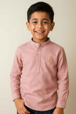 Peach Mandarin Collar Shirt With Roll-Up Sleeves For Boys