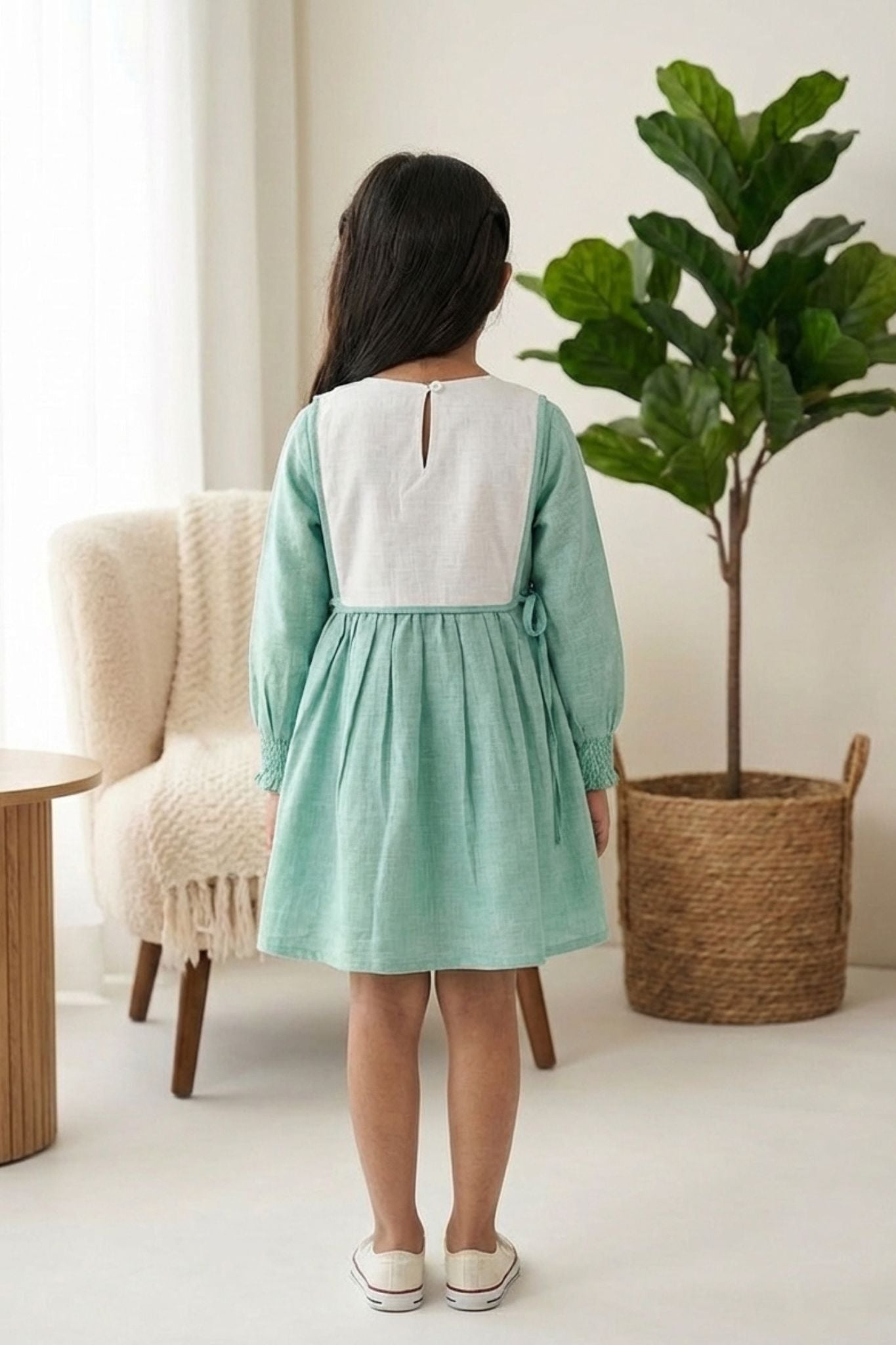Sea Green Cotton Dress with Multicolor Floral Embroidered Yoke For Girls