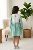 Sea Green Cotton Dress with Multicolor Floral Embroidered Yoke For Girls