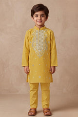 Boys Elegant Gold Peacock Embroidered Kurta Set
