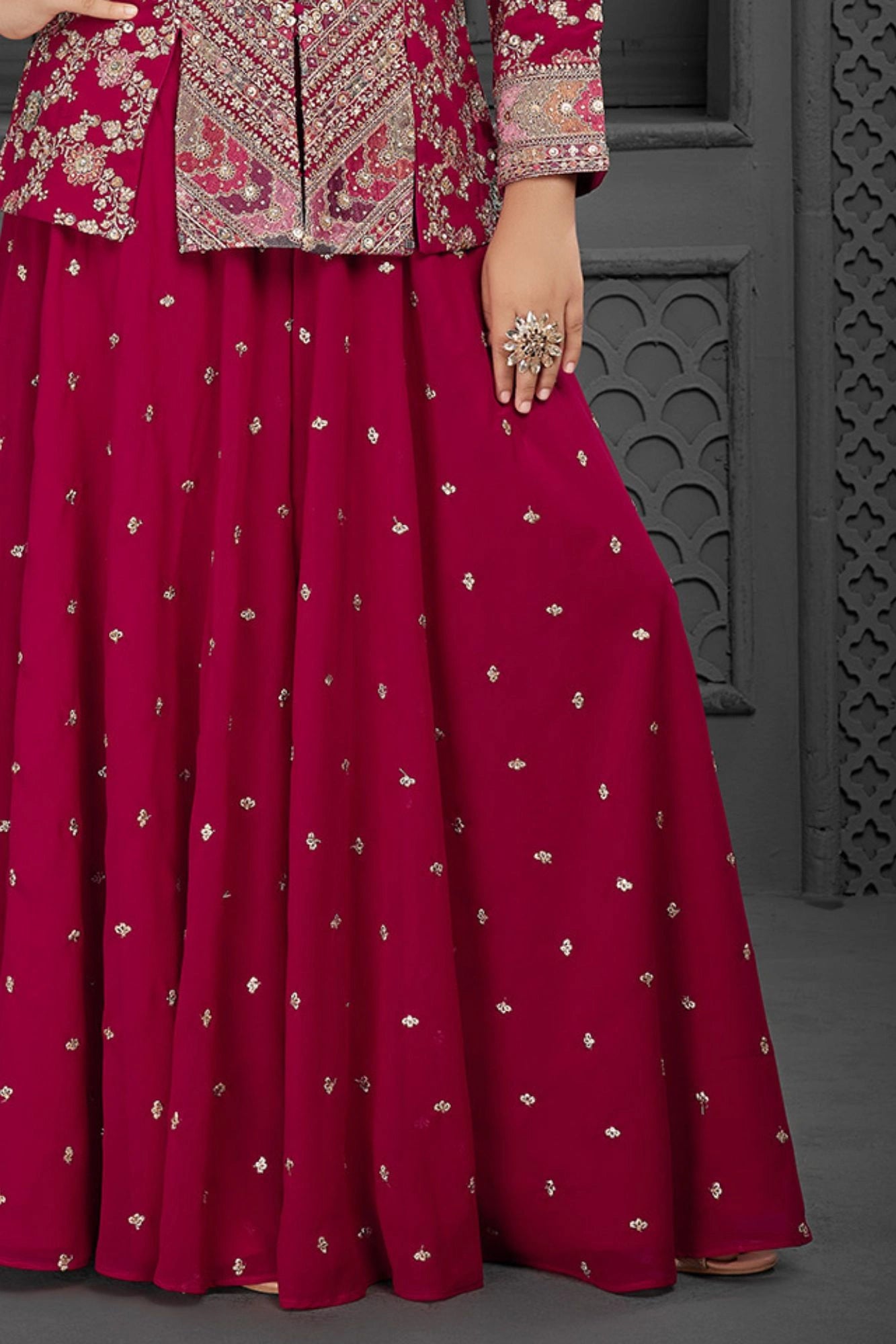 Red Embroidered Palazzo Set with Jacket for Girls