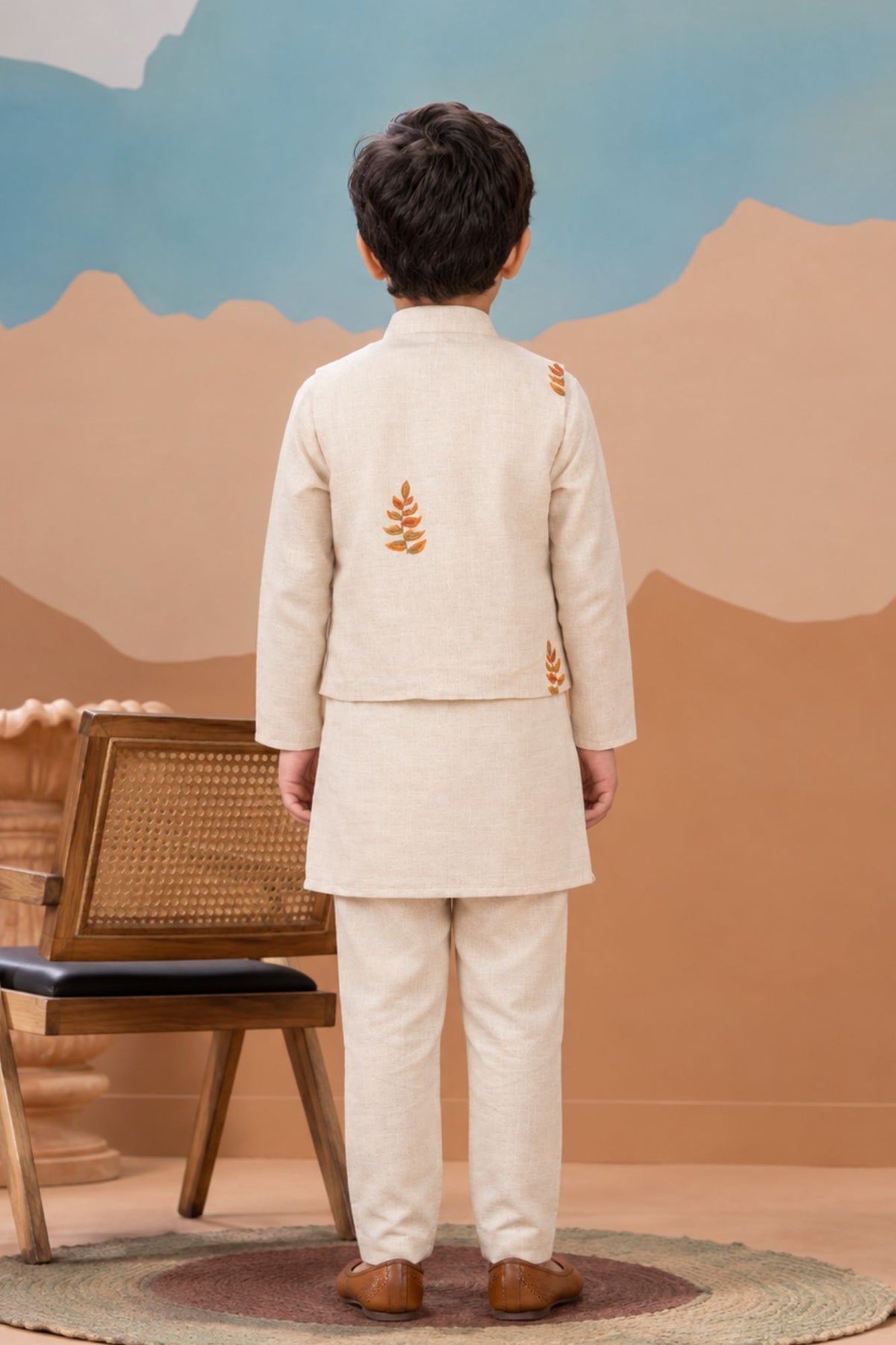 Ivory Kurta Pyjama Set with Tropical Printed Nehru Jacket For Boys