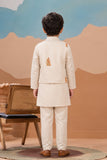 Ivory Kurta Pyjama Set with Tropical Printed Nehru Jacket For Boys