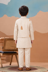 Ivory Kurta Pyjama Set with Tropical Printed Nehru Jacket For Boys