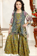 Mehendi Green Printed Sharara Set With Overcoat For Girls