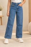 Blue Stone Washed Straight Fit Denim Jeans For Girls