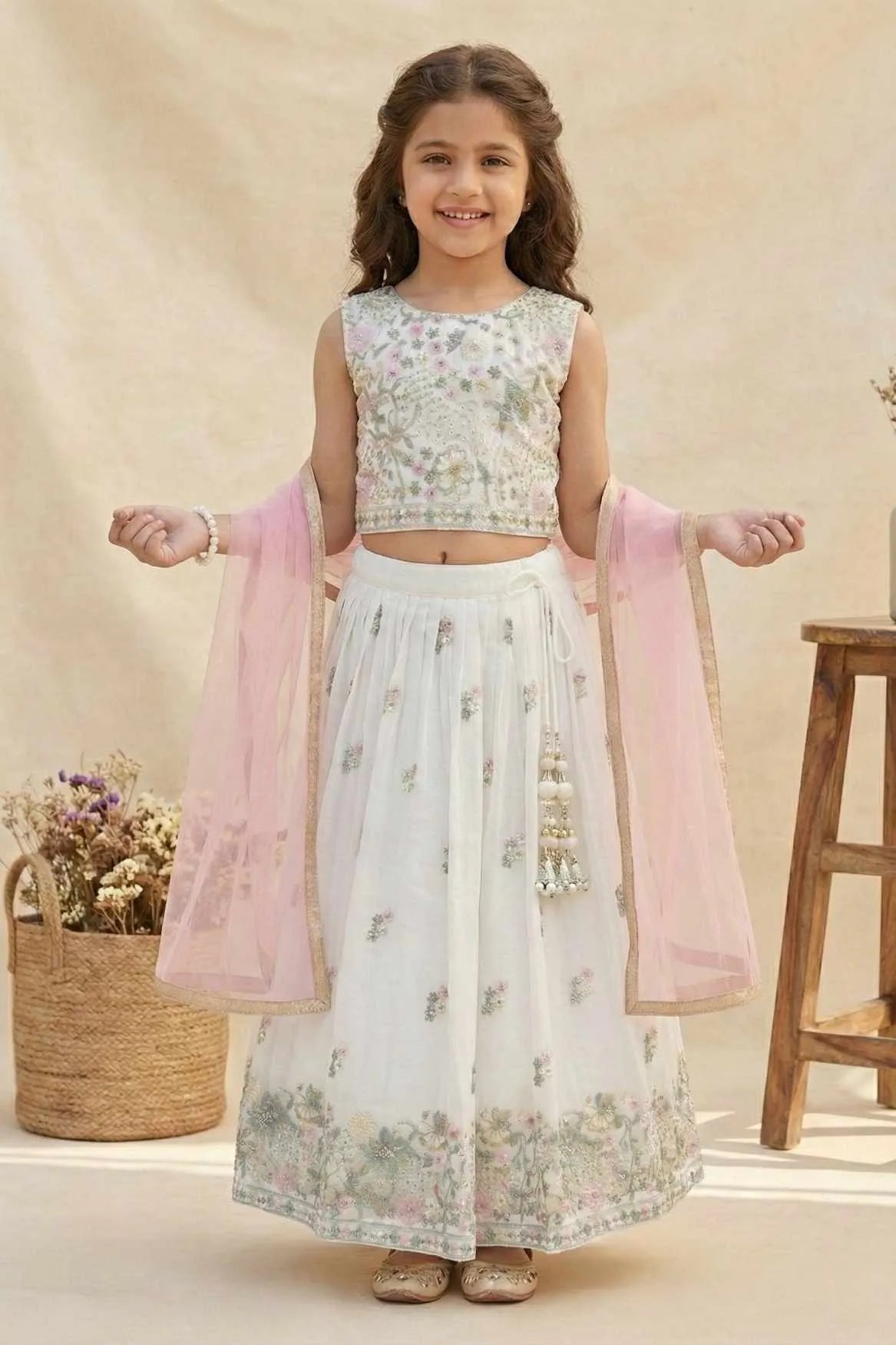 White Floral Embroidered Lehenga Choli with Dupatta For Girls