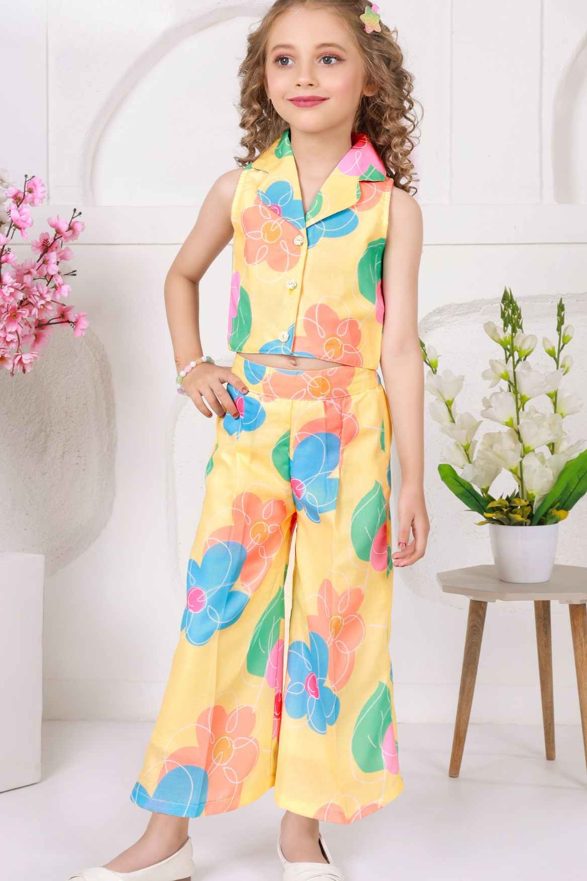 Trendy Lemon Yellow Floral Printed Sleeveless Jacket And Pant Co Ord Set For Girls