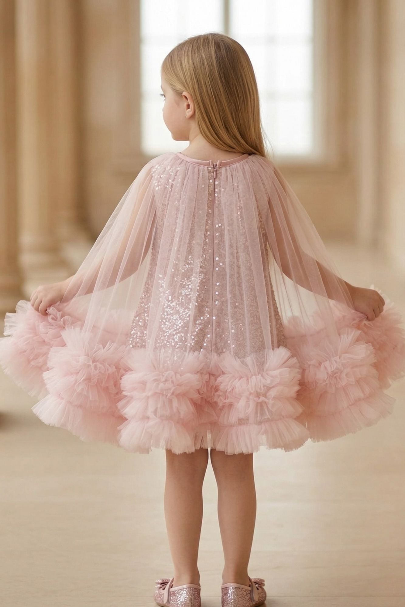 Peach Sequin Cape Style Party Frock For Girls