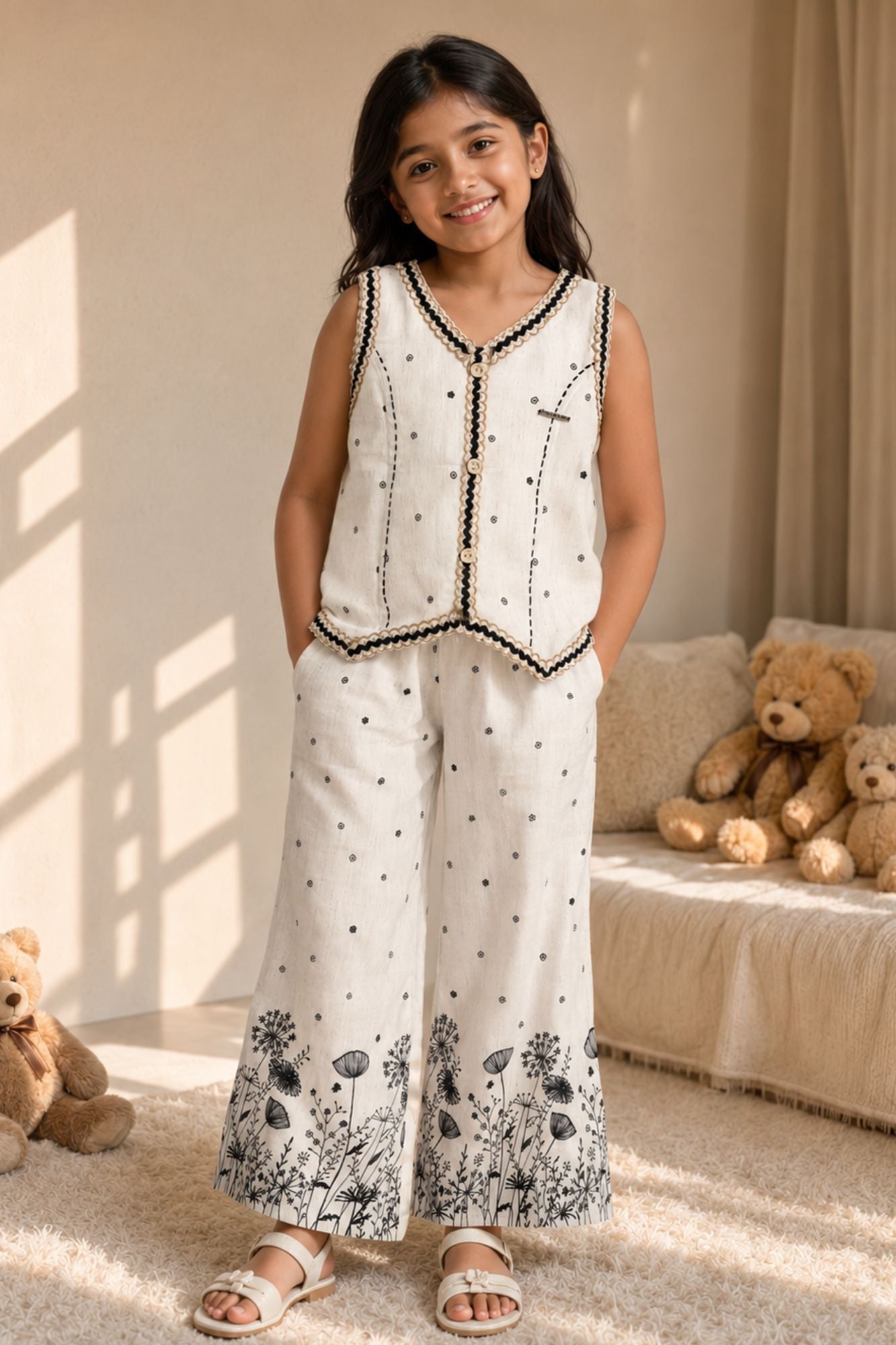 White And Black Printed Sleeveless Co-Ord Set with Wide-Leg Culottes for Girls