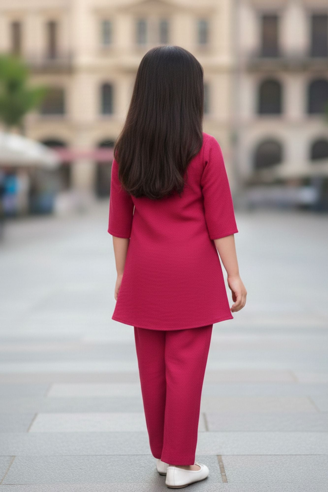 Pink Casual Top With Matching Straight Pant Set For Girls