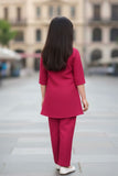 Pink Casual Top With Matching Straight Pant Set For Girls