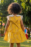 Adorable Girls Mustard Leaf Print Dress with Contrast Peter Pan Collar