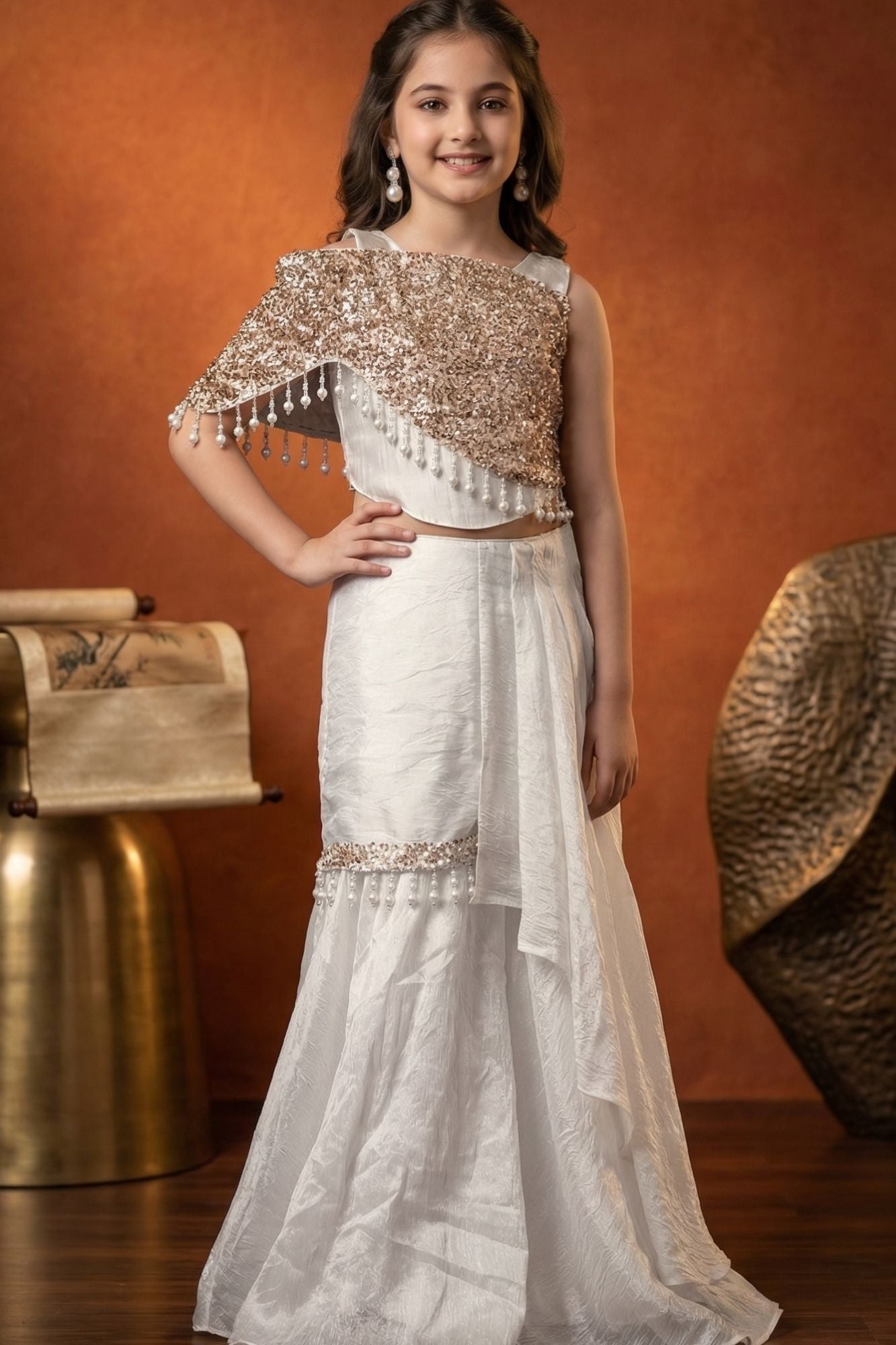 Designer Ivory Lehenga Set with Sequin Cape and Pearl Tassel Detailing For Girls