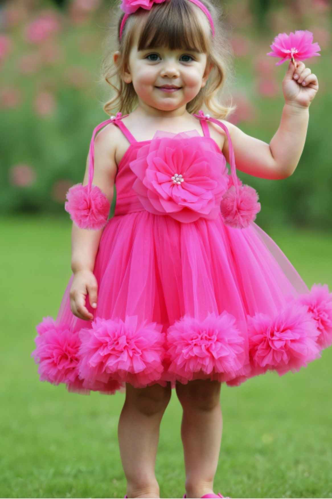 Rani Pink Ruffled Frock With Floral Embellished For Girls