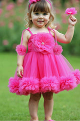 Rani Pink Ruffled Frock With Floral Embellished For Girls