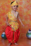 Red Krishna Janmashtami Dhoti Set with Paisley Print Angavastram for Boys