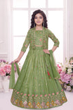 Pista Green Heavy Embroidered Lehenga Choli Set With Jacket for Girls