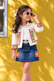 Denim Skirt Set with Embroidered Cream Jacket For Girls