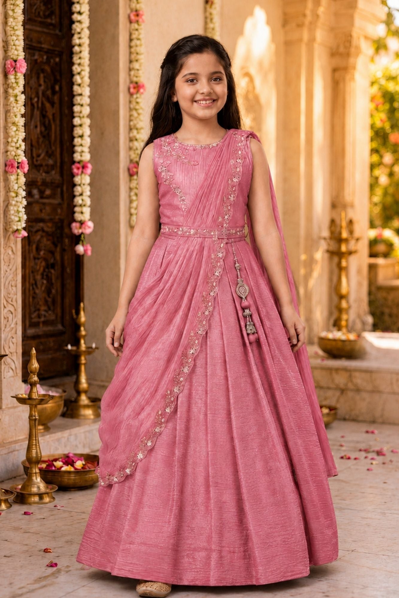 Girls Pink Embroidered Drape Saree Set with Waist Belt