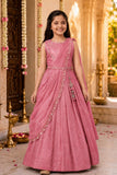 Girls Pink Embroidered Drape Saree Set with Waist Belt