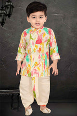 Multicolor Printed Full Sleeves Kurta With Cream Dhoti Set For Boys