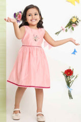 Peach Sleeveless Chanderi Silk Embroidered Frock For Girls