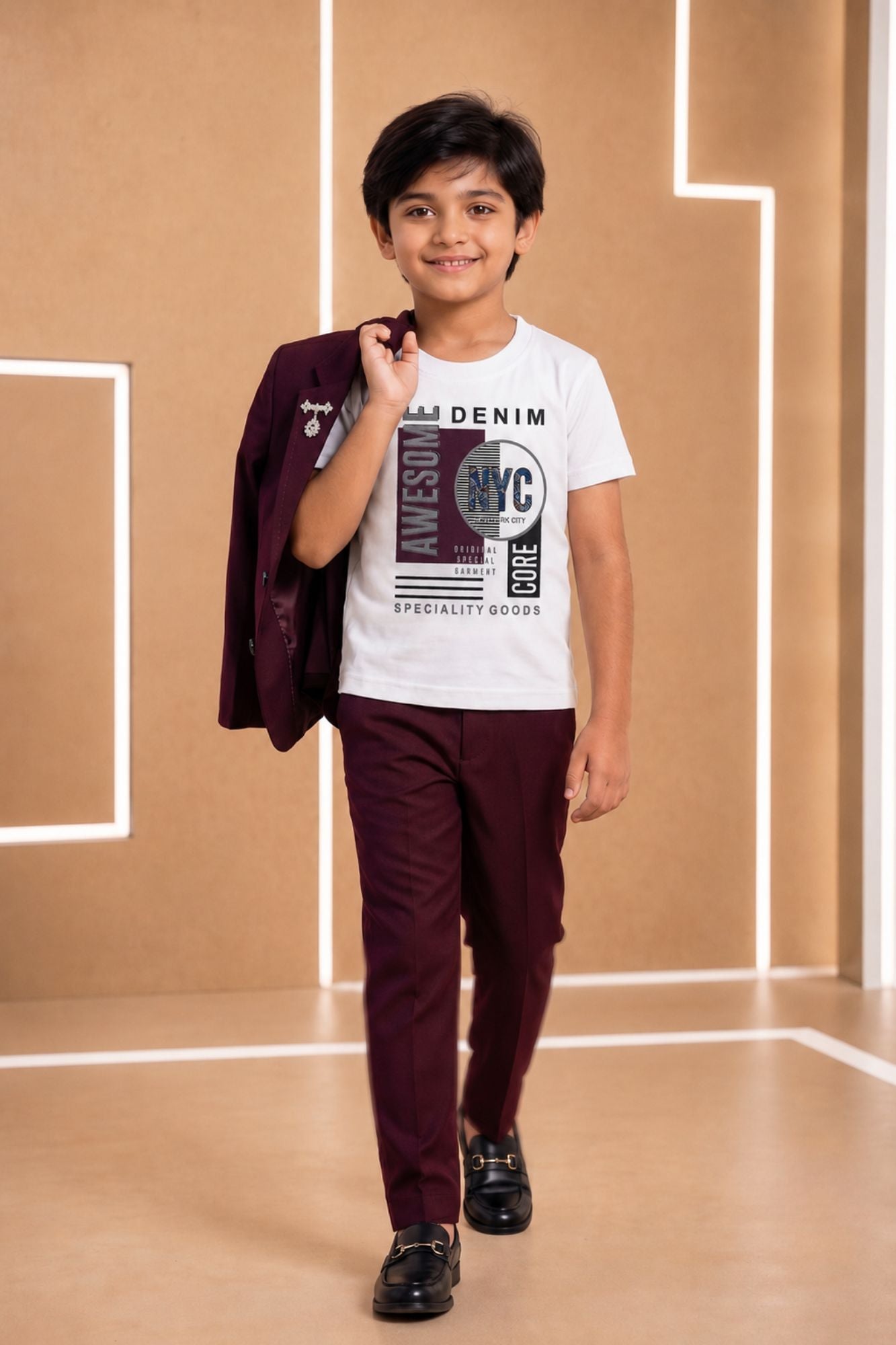 Wine Embroidered Party Wear Blazer with Tshirt