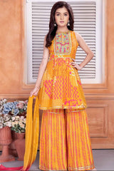 Yellow Embroidered And Mirror Work Top With Sharara Bottom Set For Girls