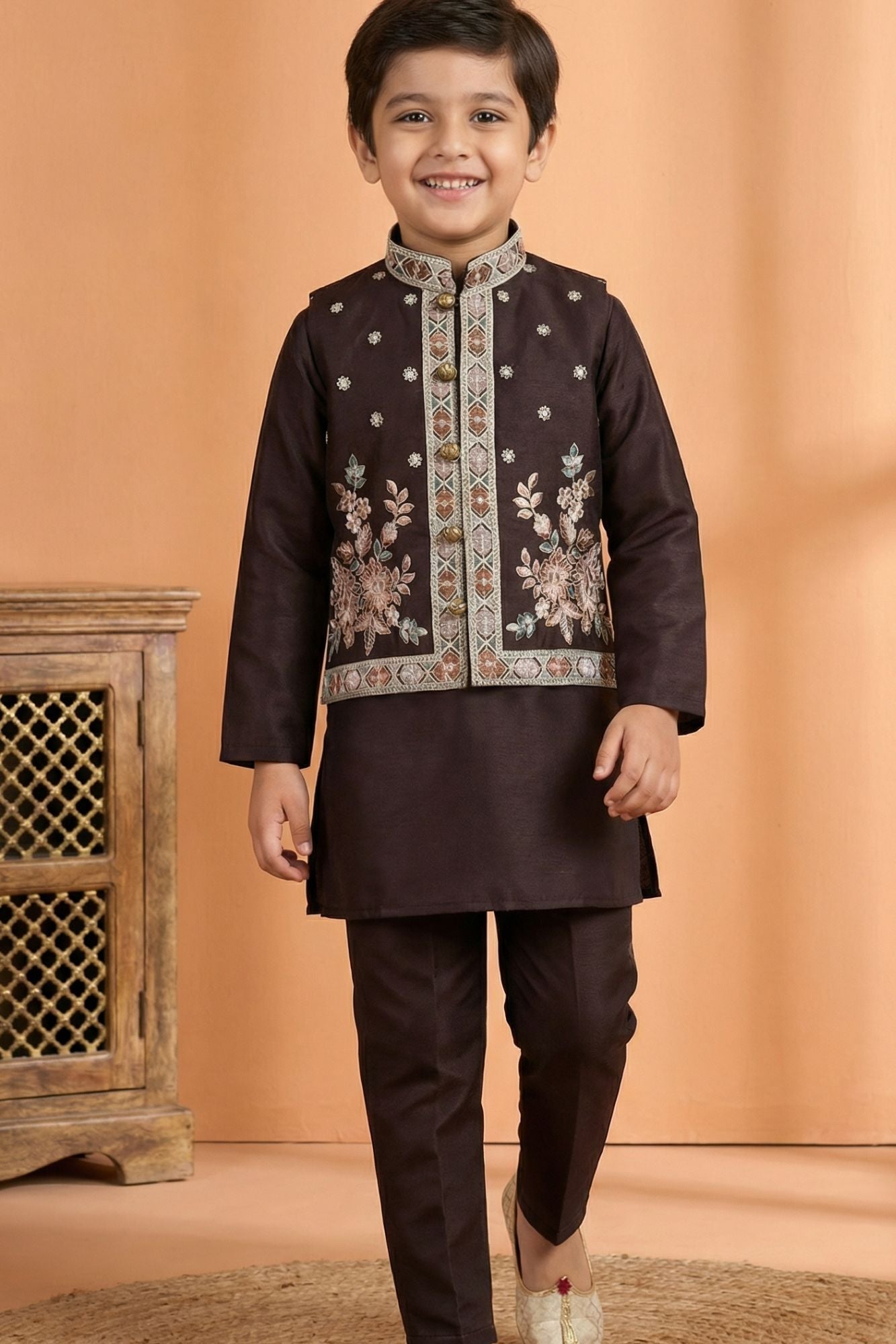 Wine Embroidered Kurta Set with Nehru Jacket For Boys