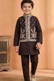 Wine Embroidered Kurta Set with Nehru Jacket For Boys